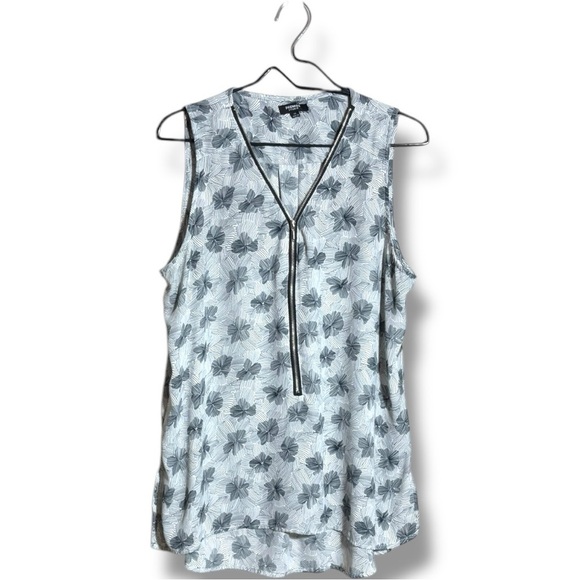Premise Blue/Gray Floral Geometric Print High-Low 1/2 Silver Zip Front Blouse - Picture 9 of 16